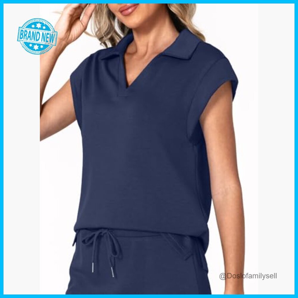 Two Piece Skirt Set Athletic Sport Short Skort Cap Sleeve Lapel Shirt - Picture 2 of 7